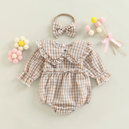 Citgeett Autumn Infant Baby Girl Fall Outfit Plaid Collar Long Sleeve Ruffle Bodysuit + Hairband Clothes Set 0-18Months