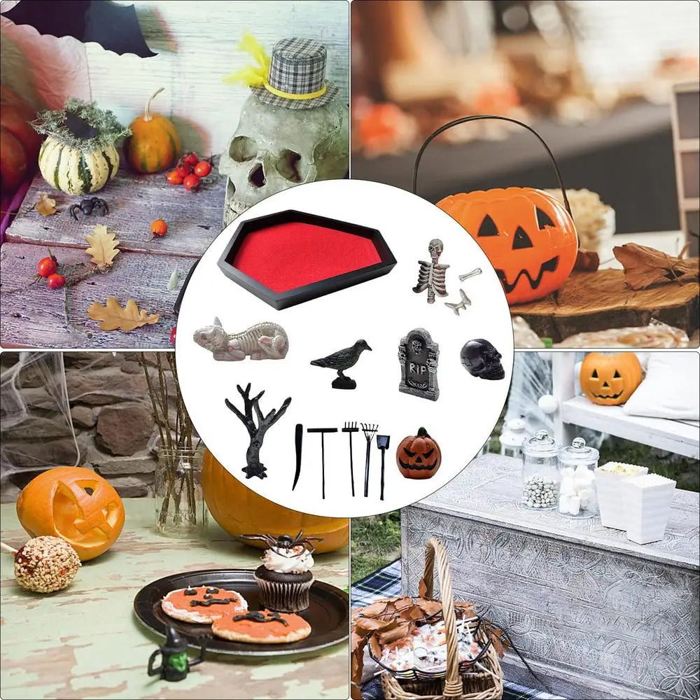 Camping Halloween Coffin Sand Tabletop Decoration, Gothic Zen Garden Kit With Skull For Theme Ornament Creepy Mini Landscape