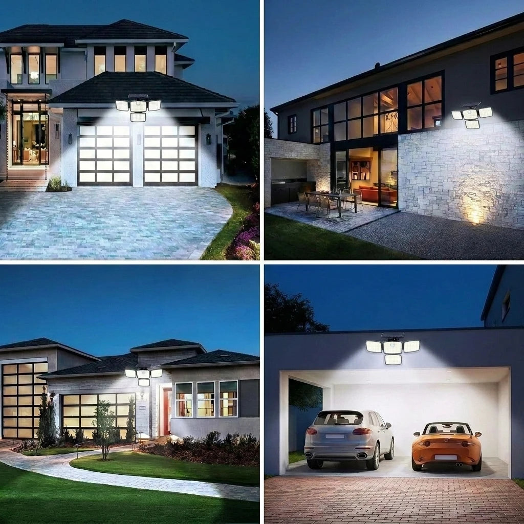 218LED Solar Motion Sensor Street Light, 4 Head Solar Lights Outdoor 3 Modes IP65 Waterproof Solar Flood Lamp for Garden, Remote