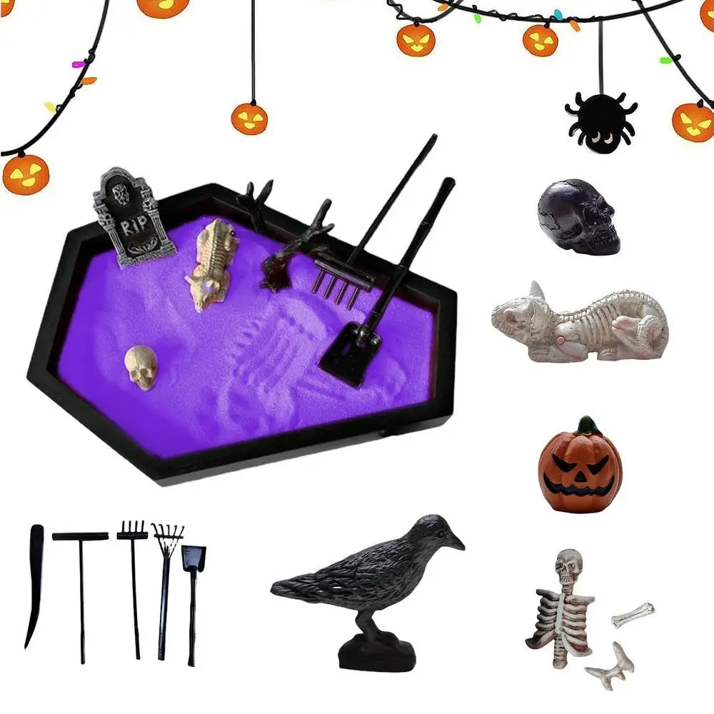 Camping Halloween Coffin Sand Tabletop Decoration, Gothic Zen Garden Kit With Skull For Theme Ornament Creepy Mini Landscape