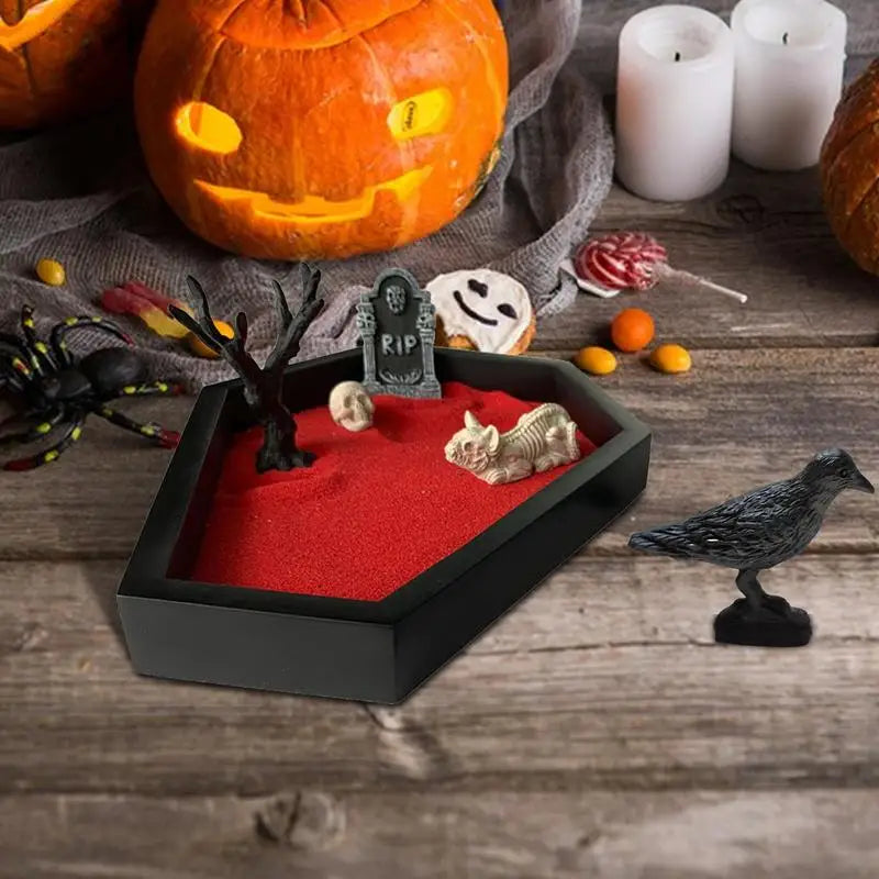 Camping Halloween Coffin Sand Tabletop Decoration, Gothic Zen Garden Kit With Skull For Theme Ornament Creepy Mini Landscape