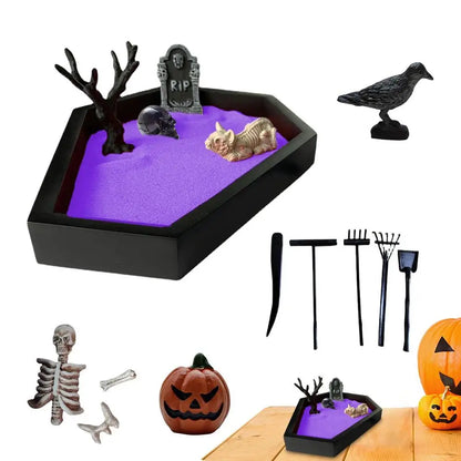Camping Halloween Coffin Sand Tabletop Decoration, Gothic Zen Garden Kit With Skull For Theme Ornament Creepy Mini Landscape