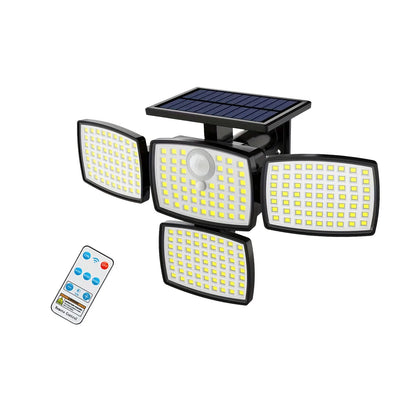 218LED Solar Motion Sensor Street Light, 4 Head Solar Lights Outdoor 3 Modes IP65 Waterproof Solar Flood Lamp for Garden, Remote