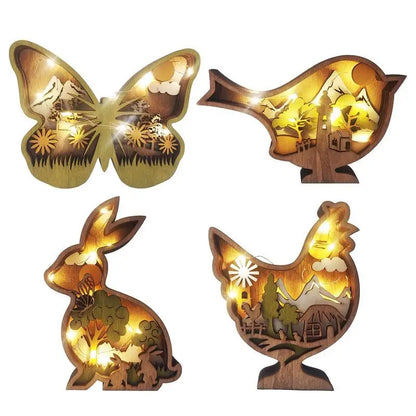 Easter Wooden Animal Ornaments LED Light 3D Hollow Carving Rabbit Home Room Decor Figurines Crafts Desktop Bedroom Decoration