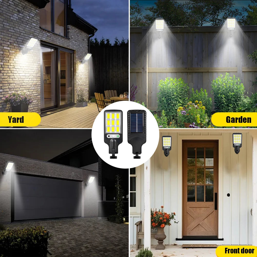 FAMCDC 4 Pack Solar Street Lights 108 COB LED Outdoor Wall Lights with Remote Control and Motion Sensor Adjustable 3 Modes Suita