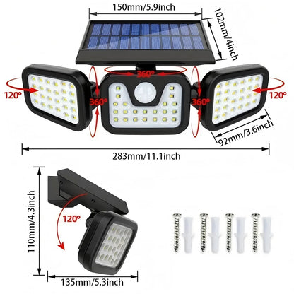 Solar Outdoor Motion Sensor Light, 3 Head Adjustable Angle Solar Security Light with 74 LEDs, Wide Angle Illumination, PIR Motion Detection, IP54 Waterproof Wireless Wall Light for Yard, Garden, Patio and Garage