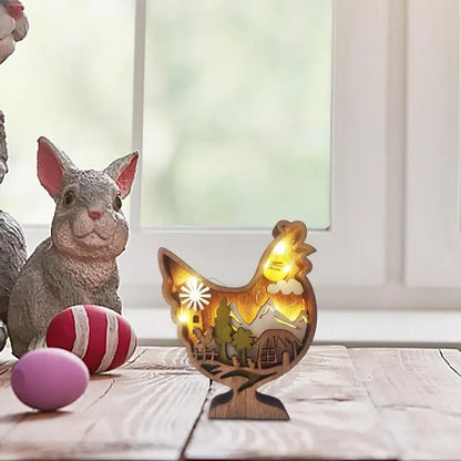 Easter Wooden Animal Ornaments LED Light 3D Hollow Carving Rabbit Home Room Decor Figurines Crafts Desktop Bedroom Decoration