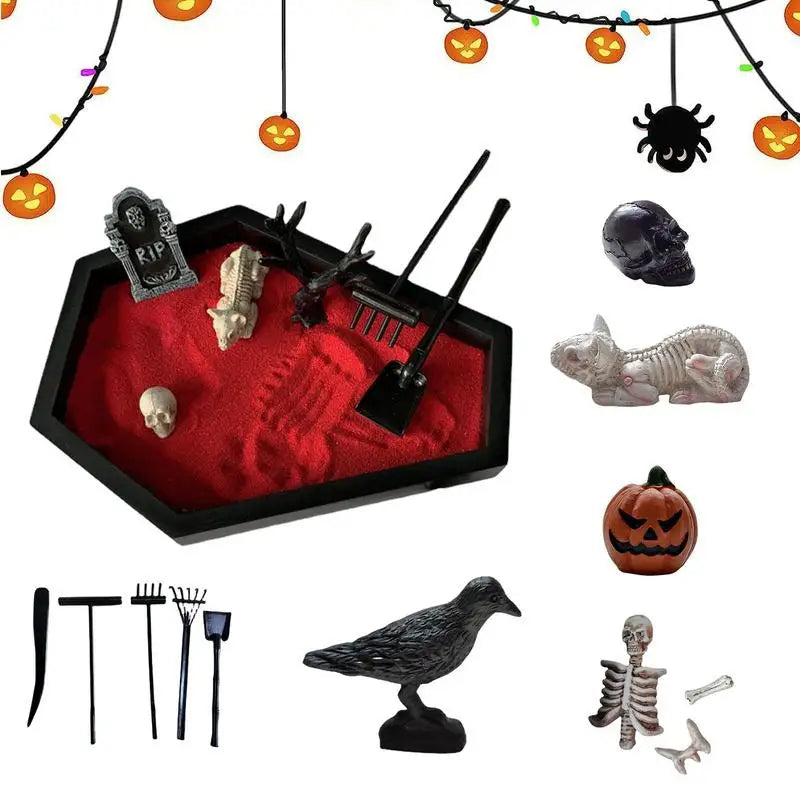 Camping Halloween Coffin Sand Tabletop Decoration, Gothic Zen Garden Kit With Skull For Theme Ornament Creepy Mini Landscape