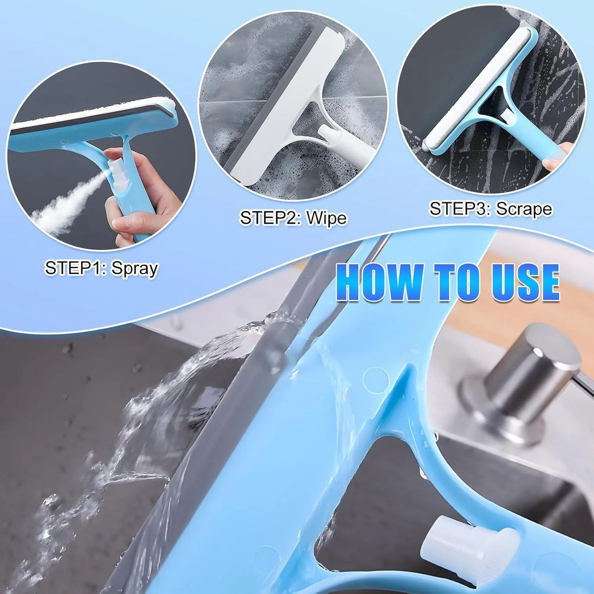 3-in-1 Multifunctional Glass Wiper with Spray Bottle to Clean the Floor and Scrub Household Car Cleaning Tools