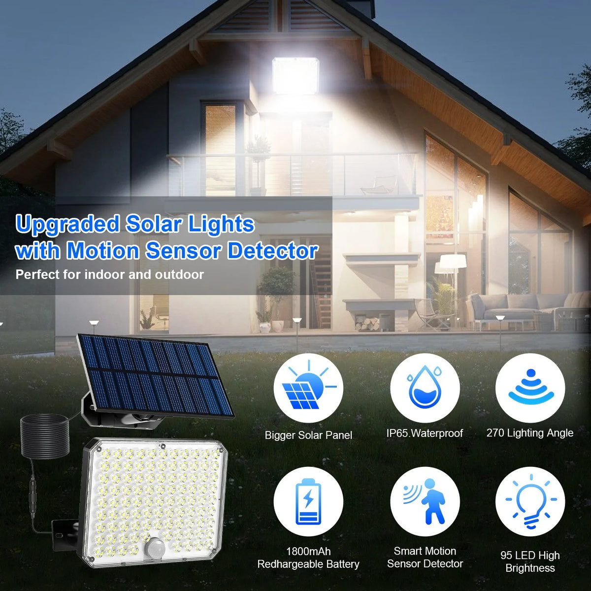 1/2Pack 95 LED Solar Security Lights Outdoor, Separated Solar Panel with Cable Motion Sensor Solar Flood Light, IP65 Waterproof Solar Wall Light for Yard Garage Patio Garden