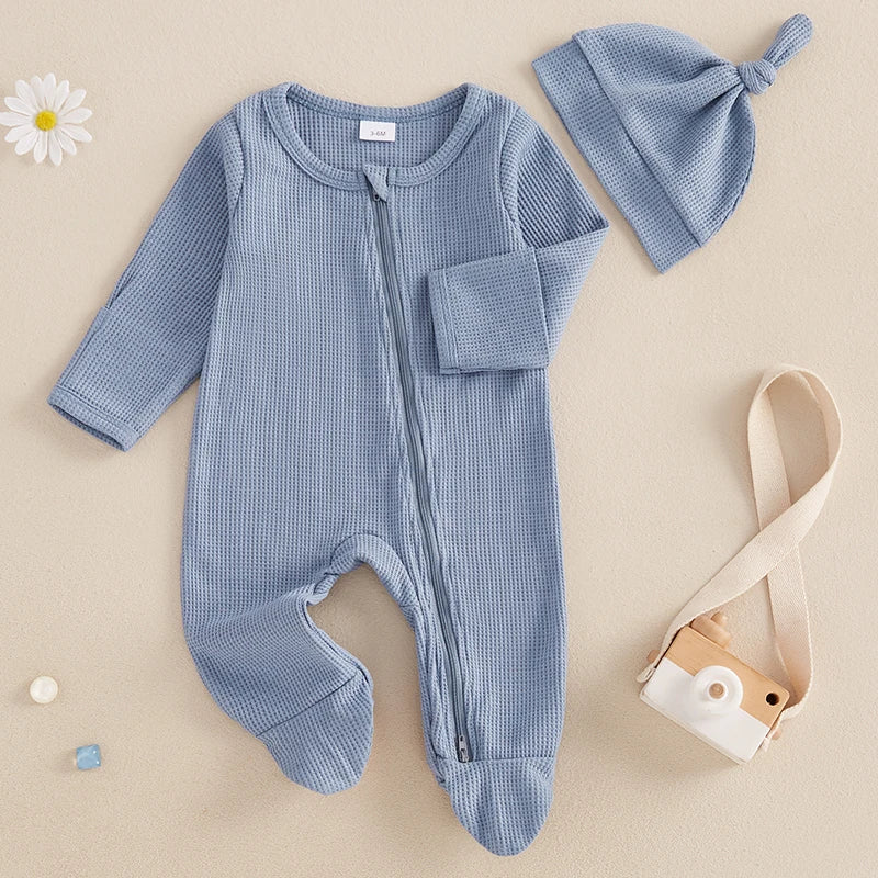 2024-09-07 Lioraitiin Newborn Baby Fall Footed Romper Solid Color Waffle Long Sleeve Crew Neck Zipper Jumpsuit with Hat