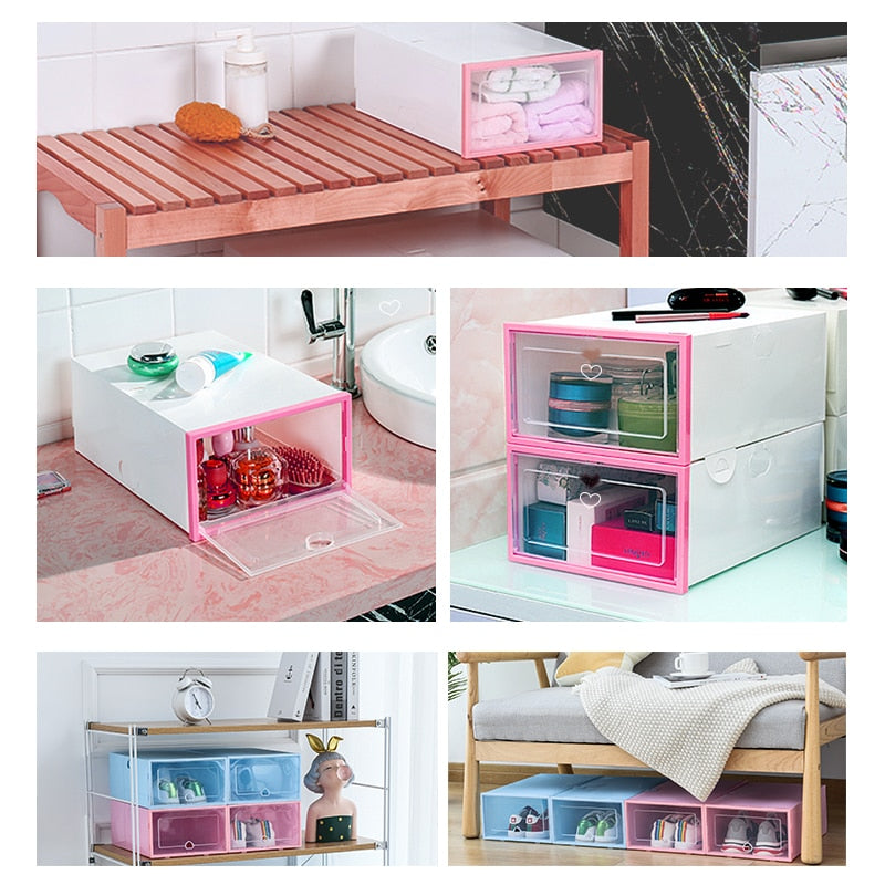 6 Packs Transparent Shoe Box Shoes Organizers Plastic Thickened Foldable Dustproof Storage Box Stackable Shoe Cabinet