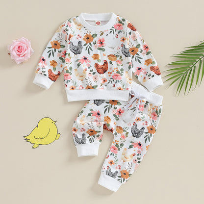 Citgeett Autumn Toddler Baby Girl Fall Clothes Set Flower Print Long Sleeve Tops Elastic Waist Pants Outfit Clothes