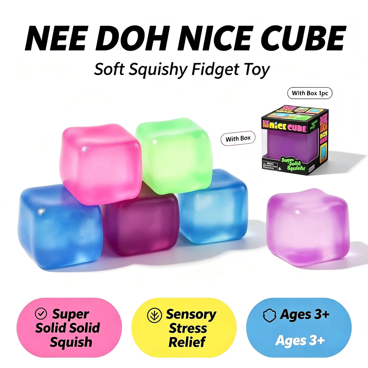 Ice Cube Squishy Fidget Toy, Soft Resilient Stress Relief Squeeze Cube Toy, Automatic Rebound Sensory Anxiety Relief Toy, Non-Toxic Portable Desk Fidget Nee Doh Cube for Kids Adults Classroom Office Relax Gift Random Multicol