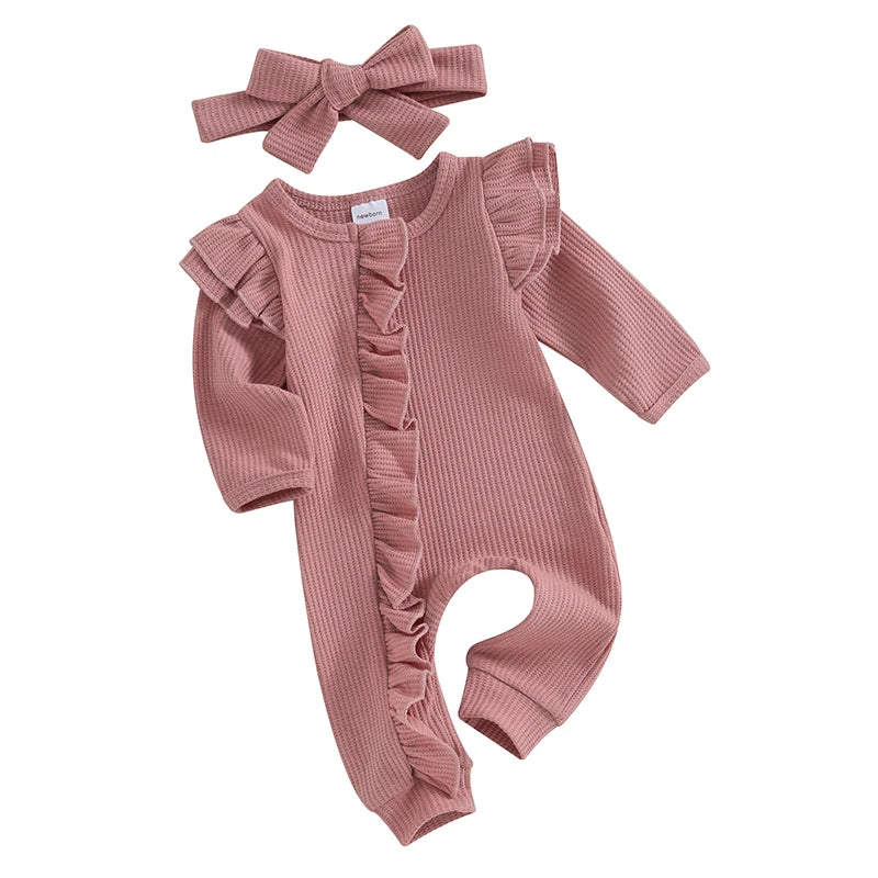 2023-11-02 Lioraitiin 0-12M Newborn Infant Baby Girl Clothes Ruffle Zipper Romper Long Sleeve Jumpsuit Fall Winter Clothes