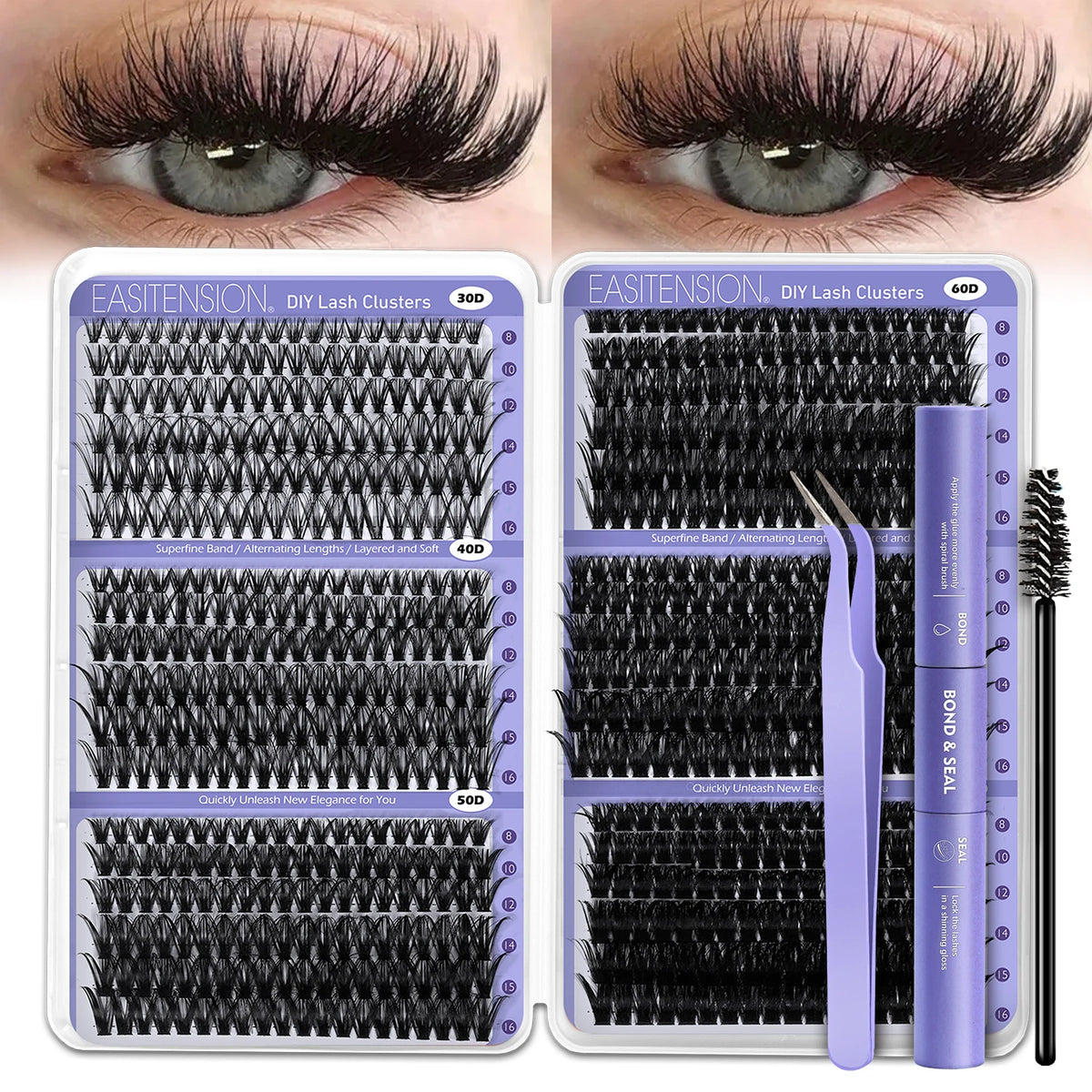 DIY Lash Extension Kit Clusters Natural Individual Eyelashes Kit 8-16mm Mixed with Bond and Seal Wispy Natural Mange Lashes
