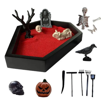 Camping Halloween Coffin Sand Tabletop Decoration, Gothic Zen Garden Kit With Skull For Theme Ornament Creepy Mini Landscape