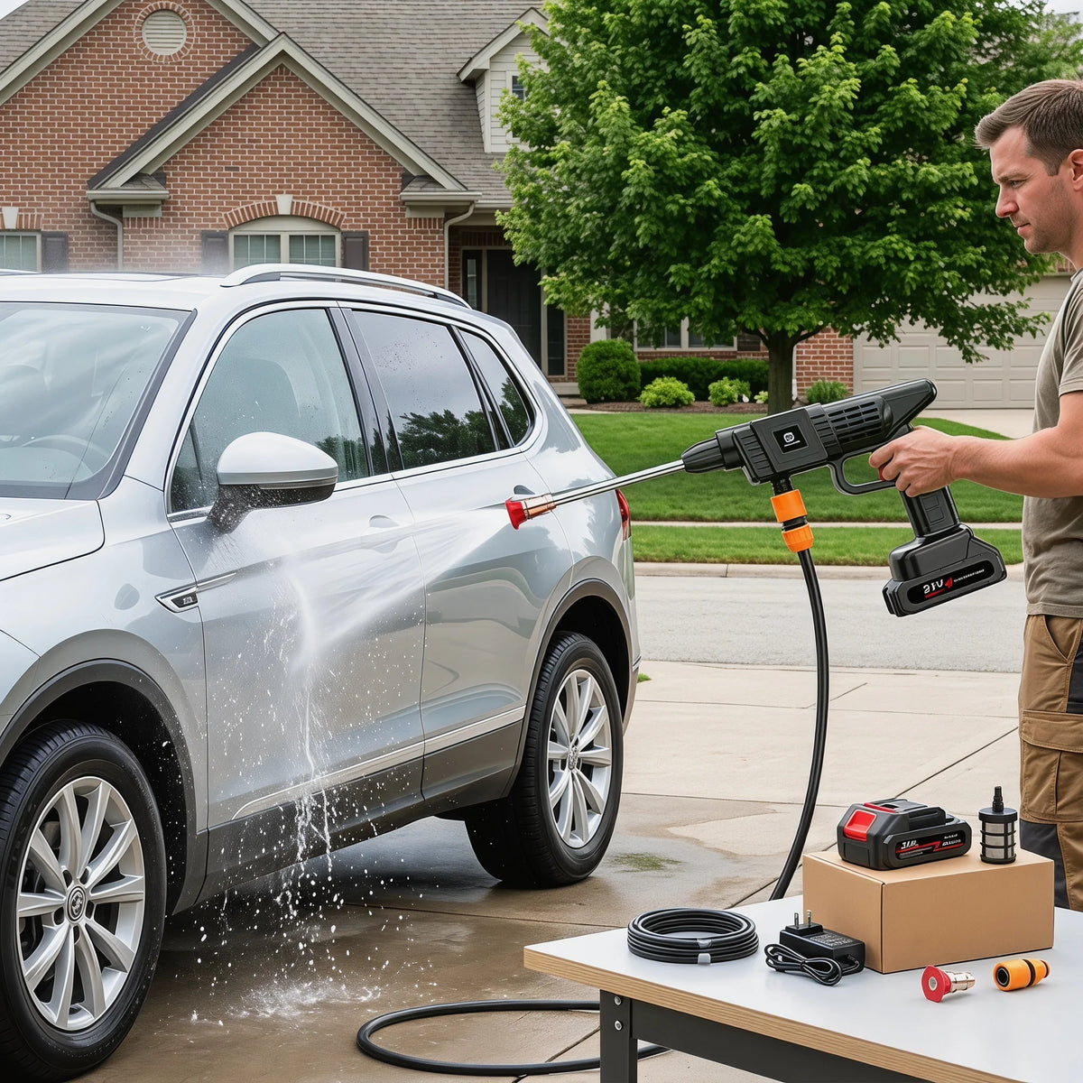 Cordless Pressure Washer, 30Bar Pressure Water Spray Gun, 21V Lithium Battery Lasts for 60 Min with Fully Charged, Portable High Pressure Car Washer for Car/Fence/Wall/Deck Cleaning