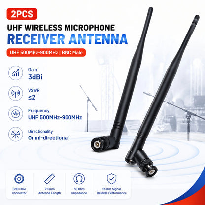 2Pcs/Set BNC Male Antenna Wireless Microphone Receiver Antenna UHF 500MHz-900MHz 3dBi Gain Amplifier Signal Antenna 215mm Length