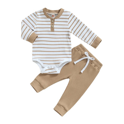 Citgeett Autumn Infant Baby Boy Fall Outfits Long Sleeve Striped Print Romper + Pants Set Warm Clothes