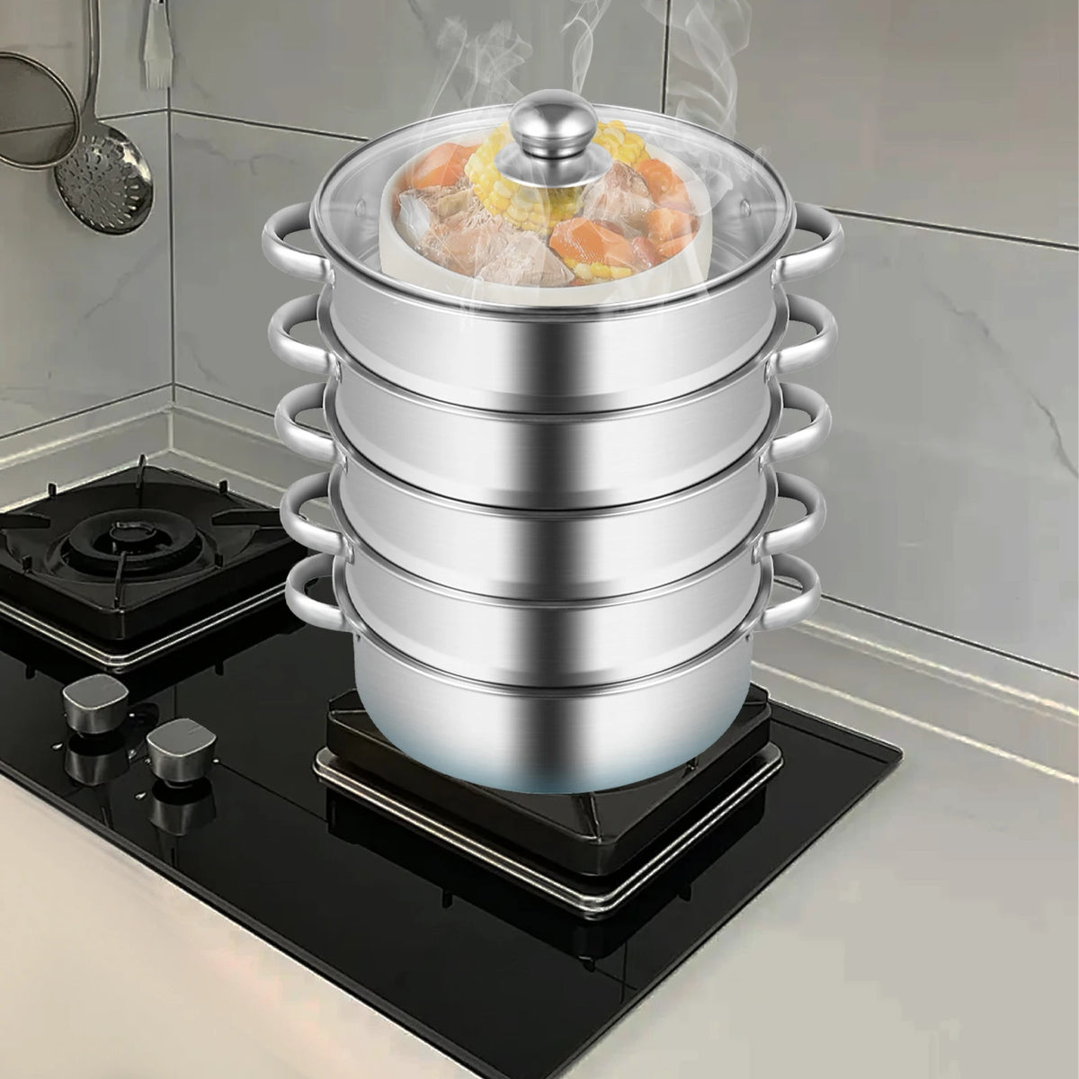 32CM Stainless Steel Steamer Pot 5-Tier Large Steaming Pot Cookware W/Lid & Handle for Vegetable, Dumpling, Stock, Sauce