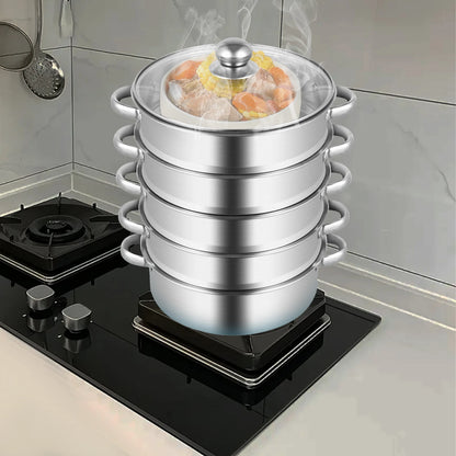 32CM Stainless Steel Steamer Pot 5-Tier Large Steaming Pot Cookware W/Lid & Handle for Vegetable, Dumpling, Stock, Sauce