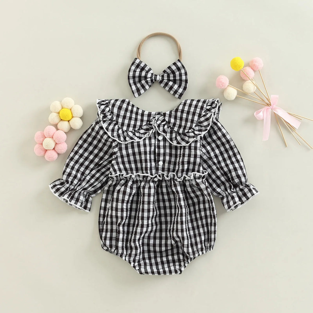 Citgeett Autumn Infant Baby Girl Fall Outfit Plaid Collar Long Sleeve Ruffle Bodysuit + Hairband Clothes Set 0-18Months