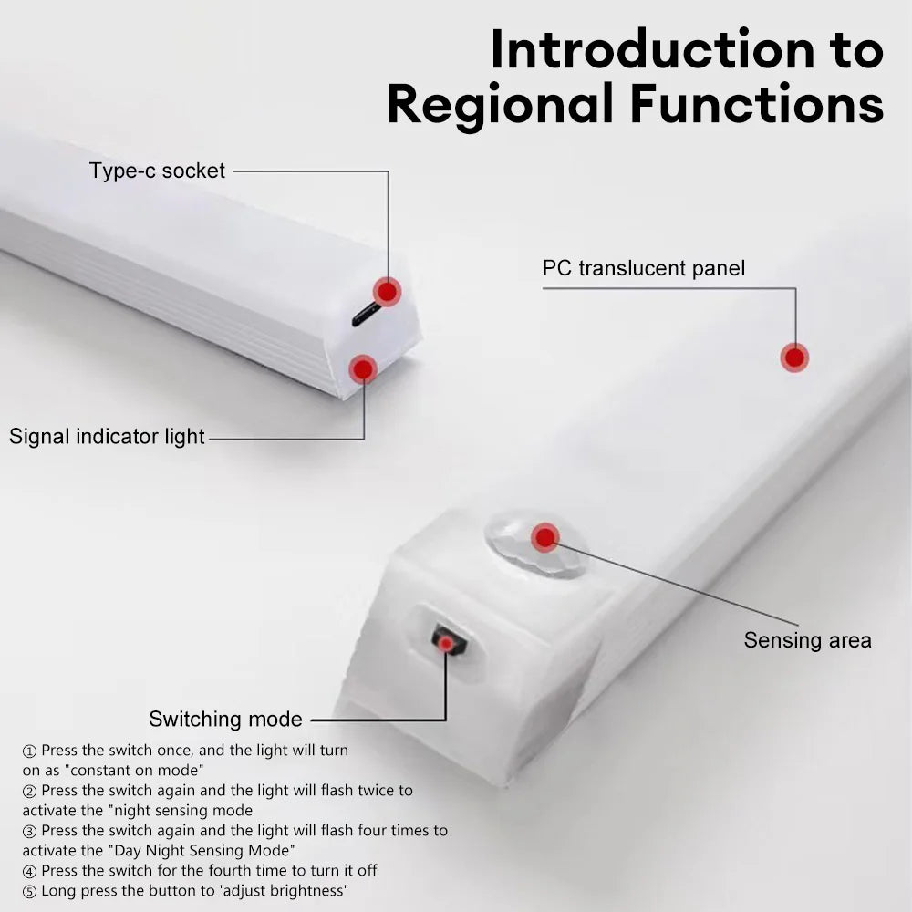 Motion Sensor LED Under Cabinet Lamp Dimmable Rechargeable Night Light Stairs Closet Room Aisle Tube Bar Detector Bulb