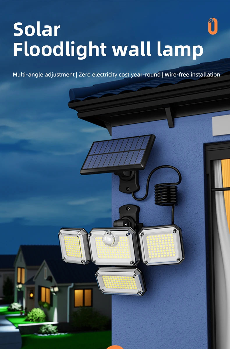5000LM Outdoor Motion Sensor Lamp 333 LED IP65 Waterproof 4-Head Solar Power Light  Flood Lights 270° Lighting Range Outdoor Indoor Solar Garden Lamp With Adjustable Head Wide Lighting