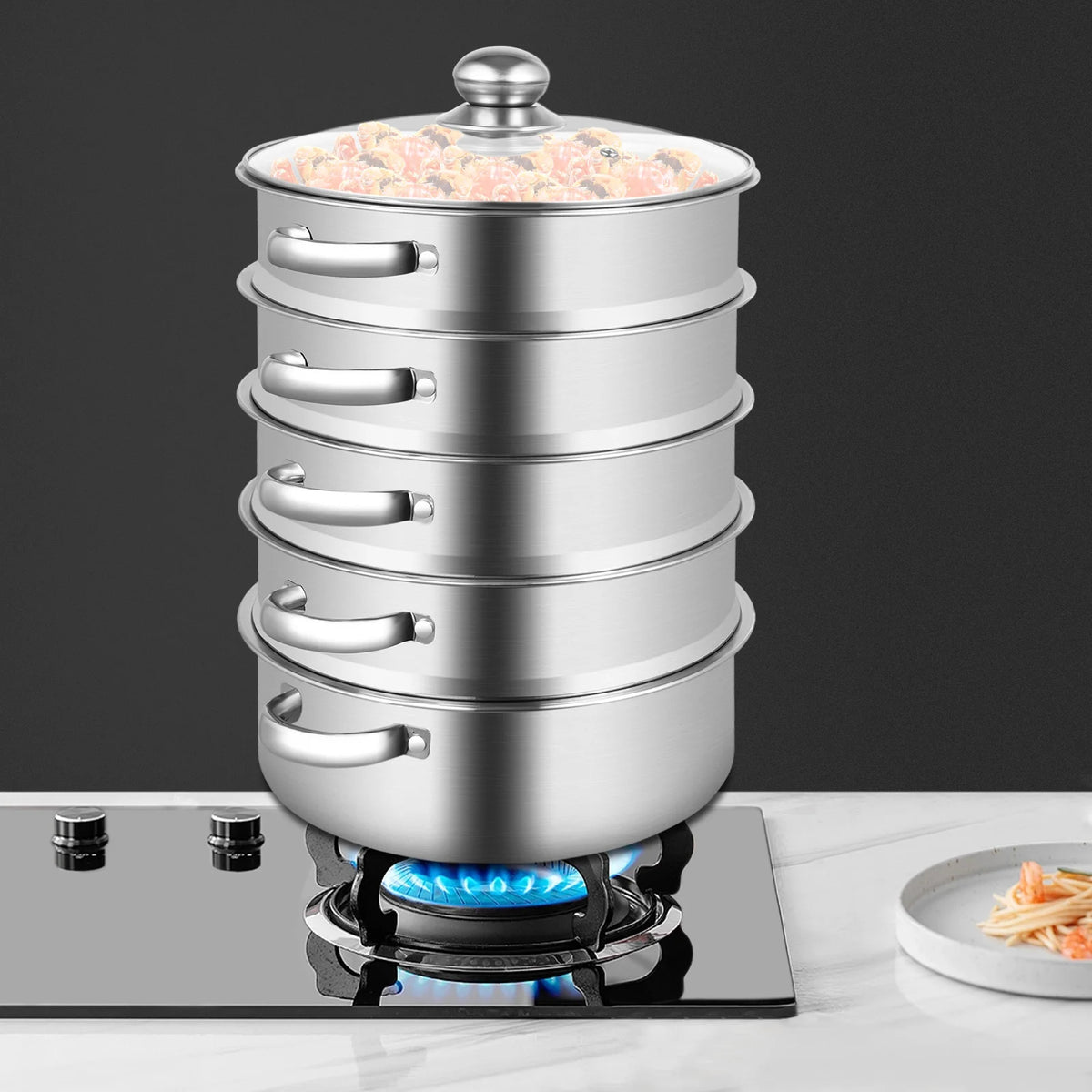 32CM Stainless Steel Steamer Pot 5-Tier Large Steaming Pot Cookware W/Lid & Handle for Vegetable, Dumpling, Stock, Sauce