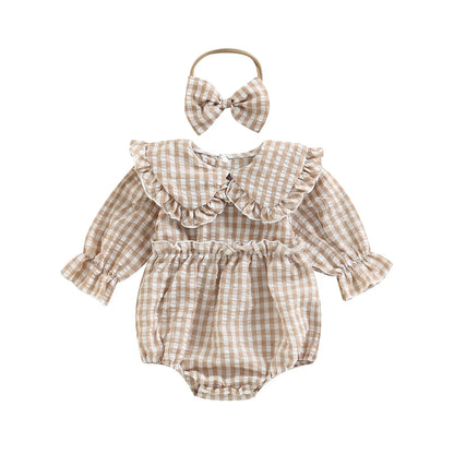 Citgeett Autumn Infant Baby Girl Fall Outfit Plaid Collar Long Sleeve Ruffle Bodysuit + Hairband Clothes Set 0-18Months