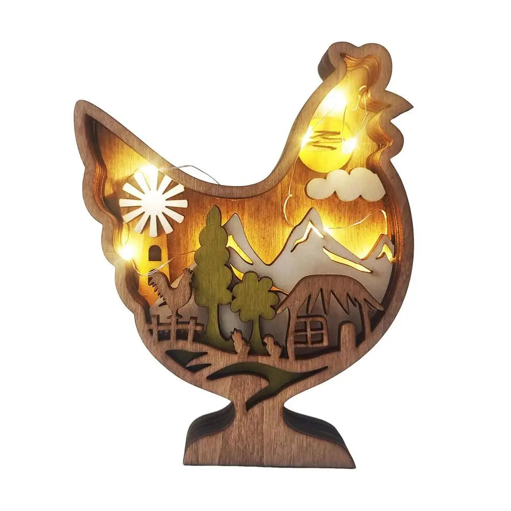 Easter Wooden Animal Ornaments LED Light 3D Hollow Carving Rabbit Home Room Decor Figurines Crafts Desktop Bedroom Decoration