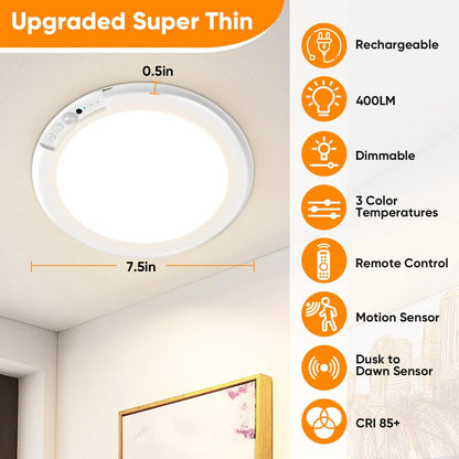 Rechargeable Motion Sensor Ceiling Light with Remote, Battery Operated Closet Light No Wiring, Wireless LED Shower Lights, 3 Colors Dimmable Indoor Overhead Lamp for Closet Shower Pantry Shed Hallway