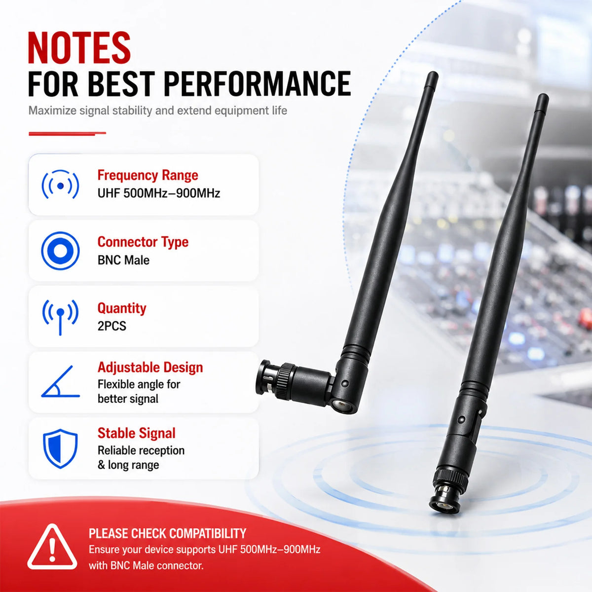 2Pcs/Set BNC Male Antenna Wireless Microphone Receiver Antenna UHF 500MHz-900MHz 3dBi Gain Amplifier Signal Antenna 215mm Length