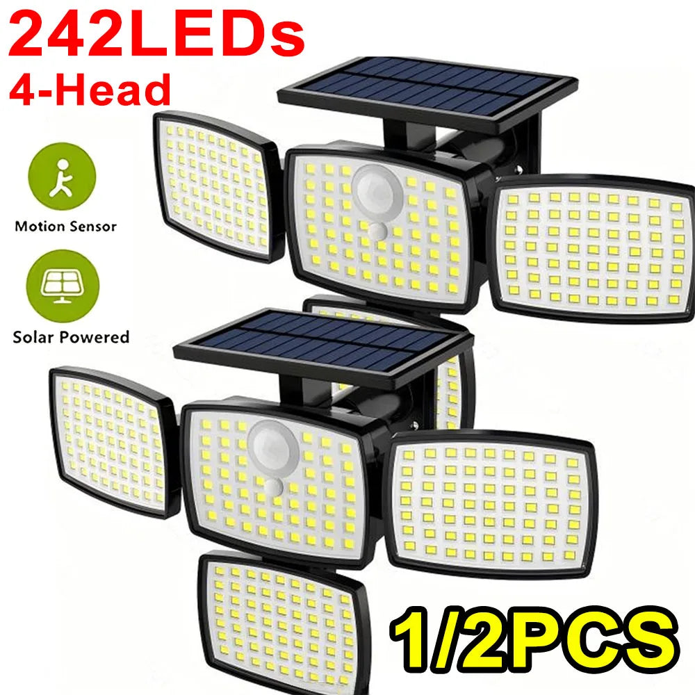 1/2PCS 4-Head Solar Outdoor Lights with Motion Sensor, 242LEDs Solar Security Street Lamp 3 Lighting Modes, IP65 Waterproof 270° Wide Angle Flood Wall Lights, for Yard Garden Driveway