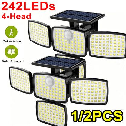 1/2PCS 4-Head Solar Outdoor Lights with Motion Sensor, 242LEDs Solar Security Street Lamp 3 Lighting Modes, IP65 Waterproof 270° Wide Angle Flood Wall Lights, for Yard Garden Driveway