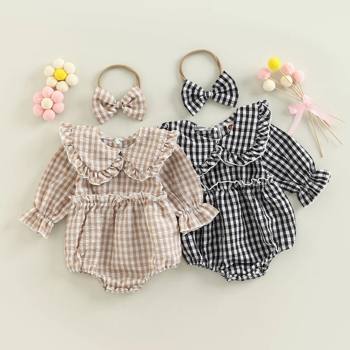 Citgeett Autumn Infant Baby Girl Fall Outfit Plaid Collar Long Sleeve Ruffle Bodysuit + Hairband Clothes Set 0-18Months