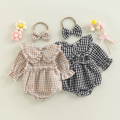 Citgeett Autumn Infant Baby Girl Fall Outfit Plaid Collar Long Sleeve Ruffle Bodysuit + Hairband Clothes Set 0-18Months