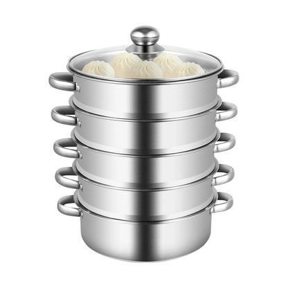 32CM Stainless Steel Steamer Pot 5-Tier Large Steaming Pot Cookware W/Lid & Handle for Vegetable, Dumpling, Stock, Sauce