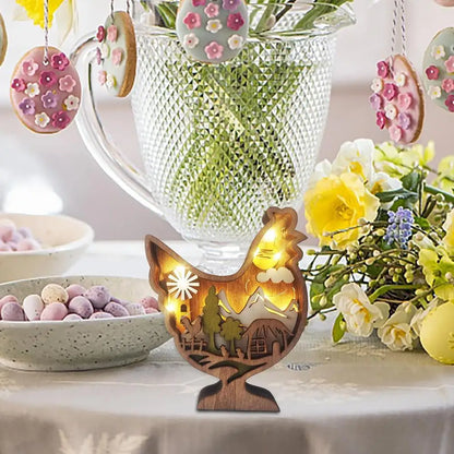 Easter Wooden Animal Ornaments LED Light 3D Hollow Carving Rabbit Home Room Decor Figurines Crafts Desktop Bedroom Decoration