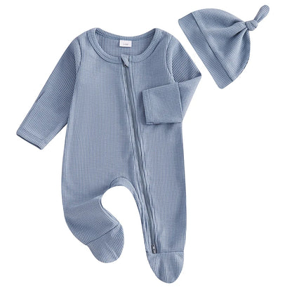 2024-09-07 Lioraitiin Newborn Baby Fall Footed Romper Solid Color Waffle Long Sleeve Crew Neck Zipper Jumpsuit with Hat