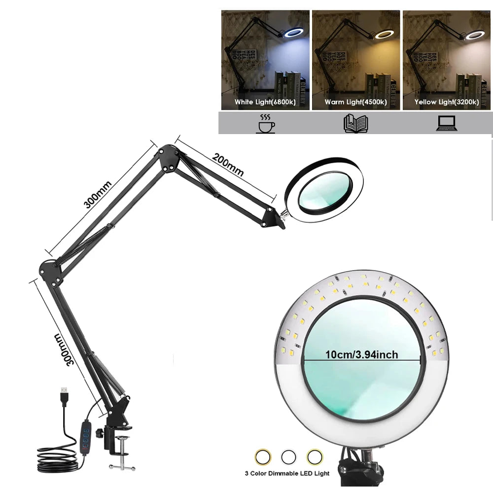 3 Colors LED Magnifying Glass  72LED 8X/10X NEW Illuminated Magnifier USB for Soldering Iron Repair/Table Lamp/Skincare Beauty