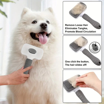 Ergonomic Handle Self Cleaning Pet Brush Round Tip Needles Massage for Dogs Cats 20cm