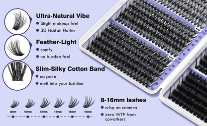 DIY Lash Extension Kit Clusters Natural Individual Eyelashes Kit 8-16mm Mixed with Bond and Seal Wispy Natural Mange Lashes
