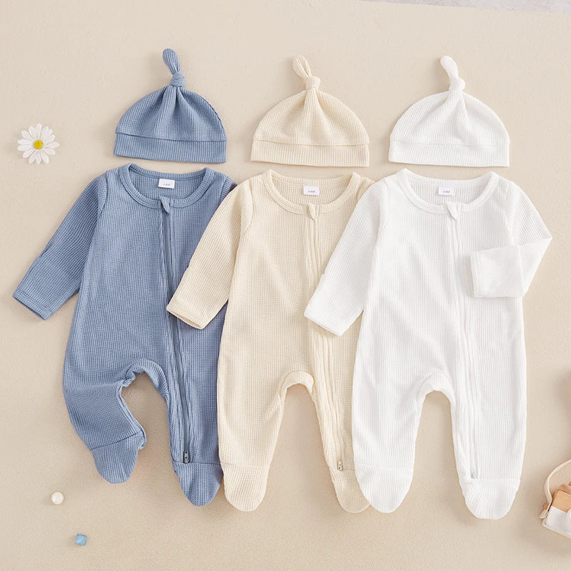 2024-09-07 Lioraitiin Newborn Baby Fall Footed Romper Solid Color Waffle Long Sleeve Crew Neck Zipper Jumpsuit with Hat
