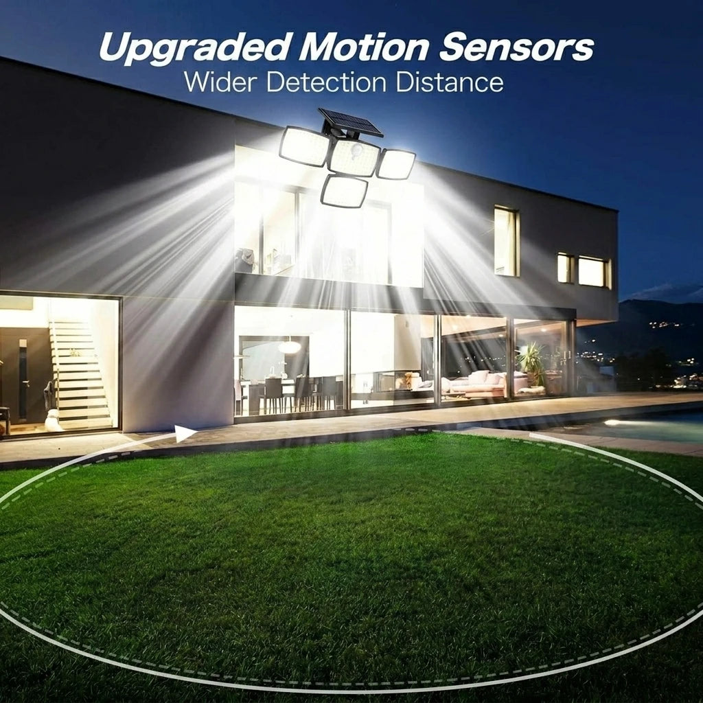 218LED Solar Motion Sensor Street Light, 4 Head Solar Lights Outdoor 3 Modes IP65 Waterproof Solar Flood Lamp for Garden, Remote