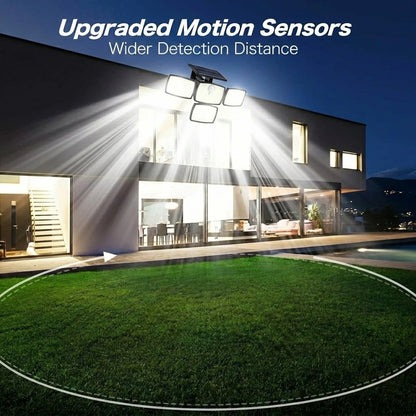 218LED Solar Motion Sensor Street Light, 4 Head Solar Lights Outdoor 3 Modes IP65 Waterproof Solar Flood Lamp for Garden, Remote