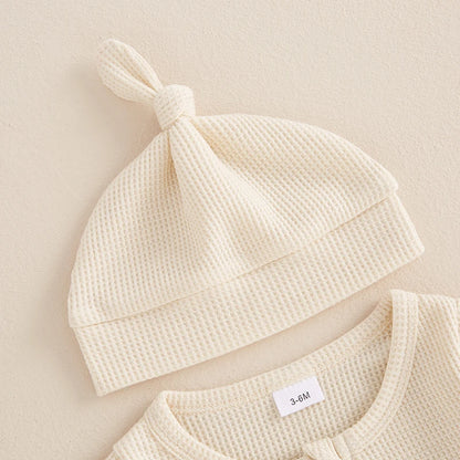 2024-09-07 Lioraitiin Newborn Baby Fall Footed Romper Solid Color Waffle Long Sleeve Crew Neck Zipper Jumpsuit with Hat