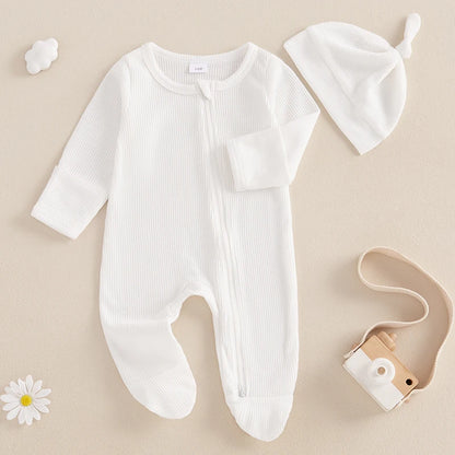 2024-09-07 Lioraitiin Newborn Baby Fall Footed Romper Solid Color Waffle Long Sleeve Crew Neck Zipper Jumpsuit with Hat