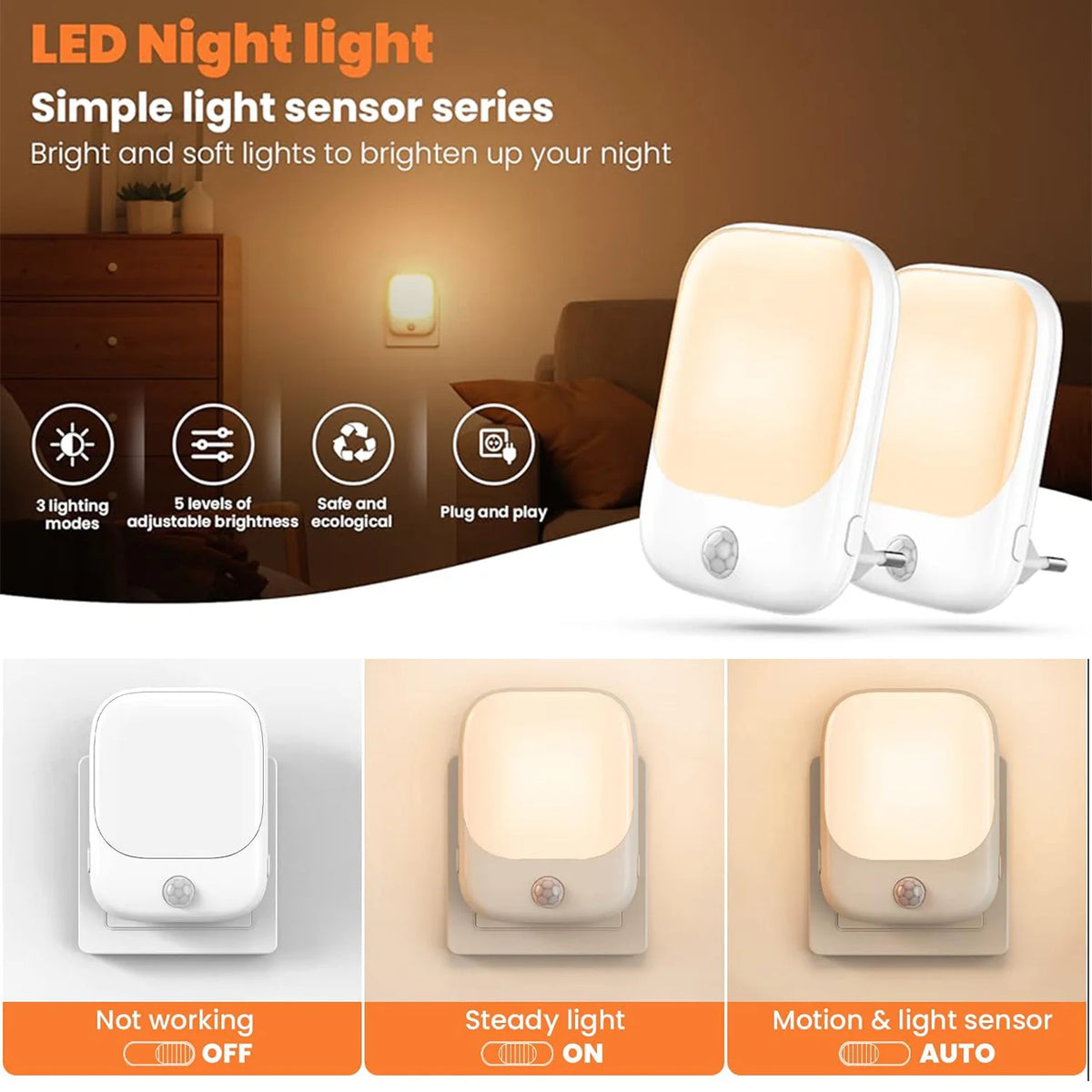 LED Motion Sensor Night Lights for Kids Bedroom Auto Dusk to Dawn Sensor Dimmable Wireless Cabinet Lamp